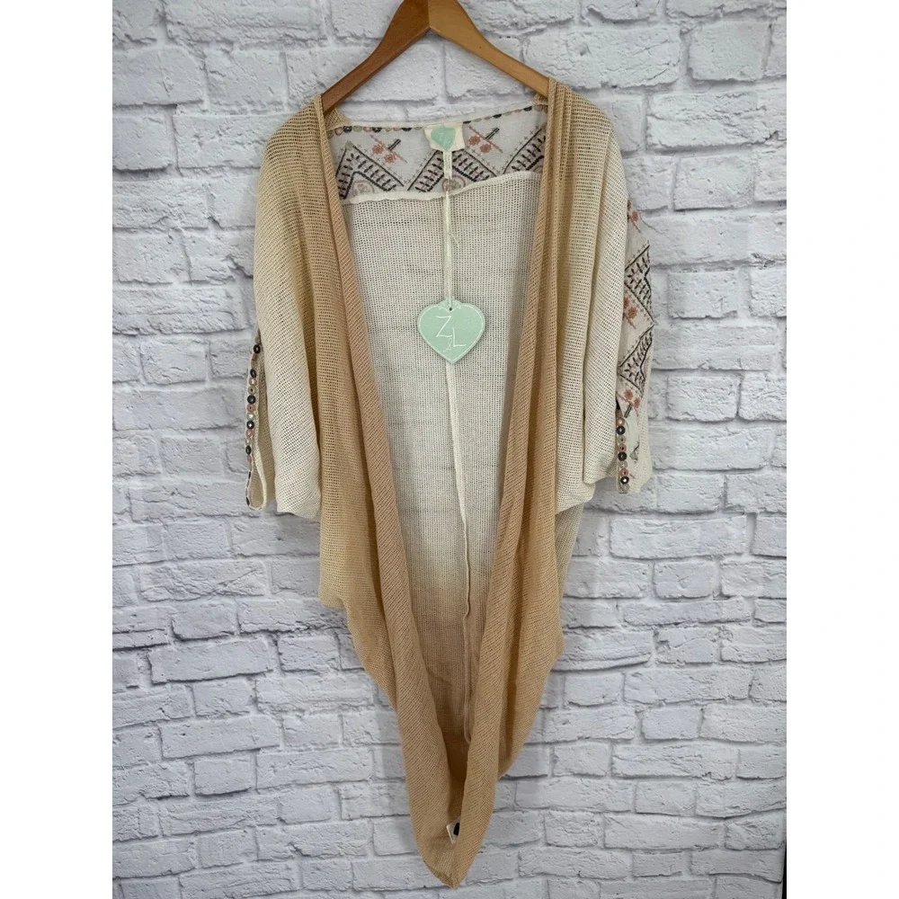 Z & L Kimono Cardigan Womens XS Cream Tan Ombre Embroidered Boho Tribal Festival